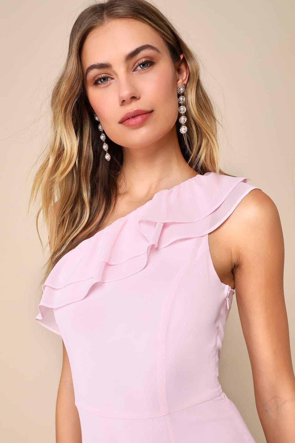 Brilliant Grace Light Pink Ruffled One-Shoulder Maxi Dress