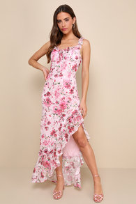 Lovable Spirit Pink Floral Burnout Ruffled High-Low Maxi Dress