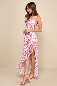 Lovable Spirit Pink Floral Burnout Ruffled High-Low Maxi Dress 4