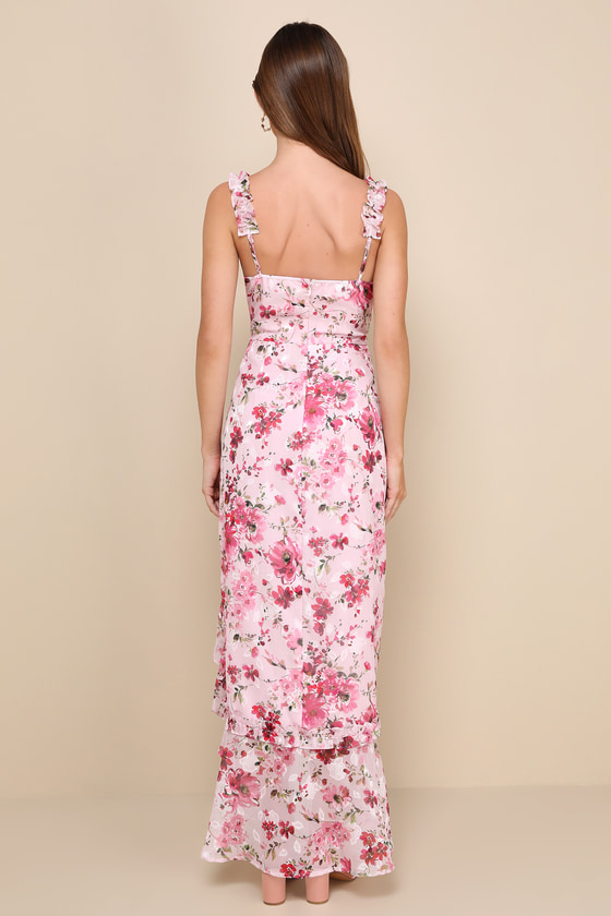 Pink Floral Burnout Dress - Ruffled High-Low Dress - Maxi Dress - Image 3