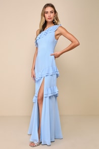 Brilliant Grace Light Blue Ruffled One-Shoulder Maxi Dress