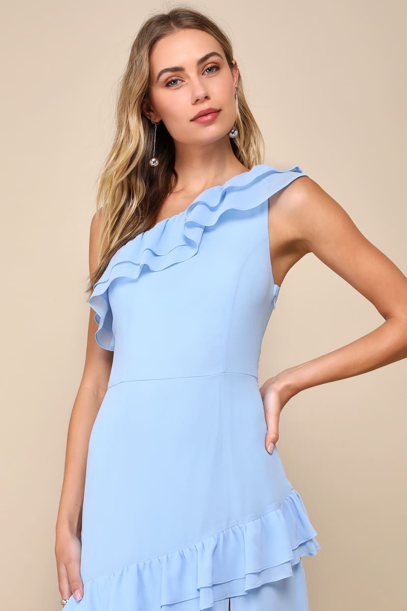 lulus one shoulder ruffle dress Powder Blue Maxi Dress - One-Shoulder Dress - Mermaid Maxi Dress