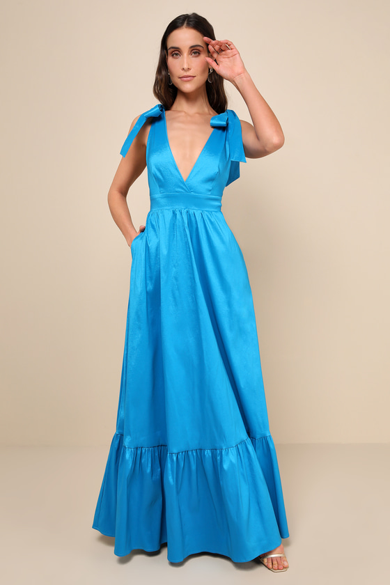 Lulus Rare Charm Teal Blue Taffeta Tie-strap Maxi Dress With Pockets