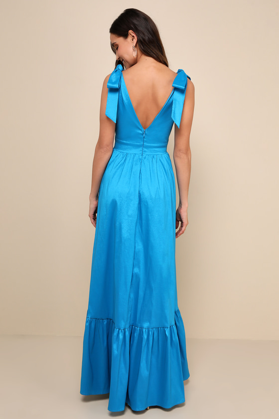 Lulus Rare Charm Teal Blue Taffeta Tie-strap Maxi Dress With Pockets In Teal Blue