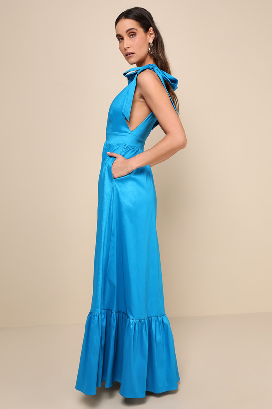 Lulus Rare Charm Teal Blue Taffeta Tie-strap Maxi Dress With Pockets In Teal Blue