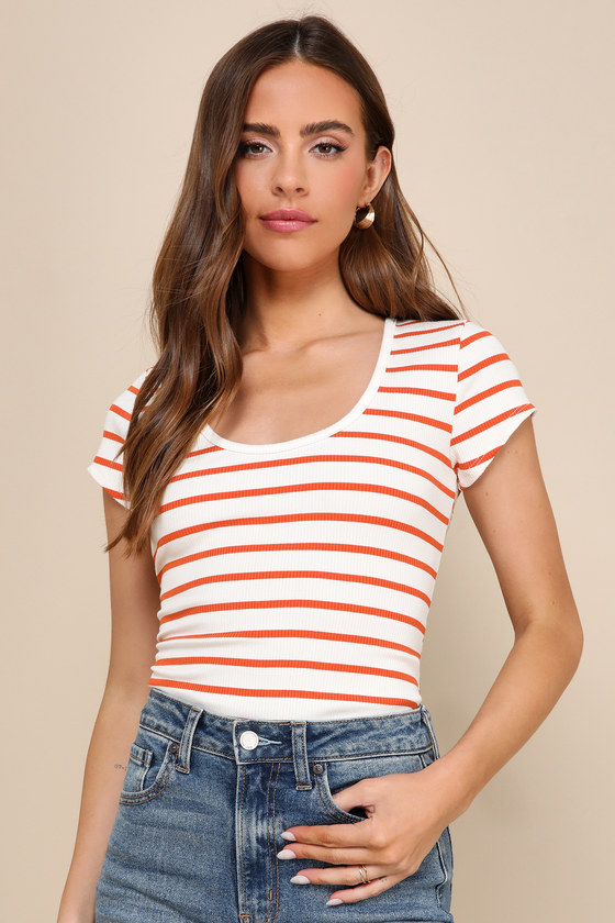 Lulus Easygoing Charm Ivory And Orange Striped Ribbed Scoop Neck Top