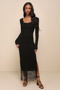 Chic Favorite Black Crochet Fringe Sweater Maxi Dress
