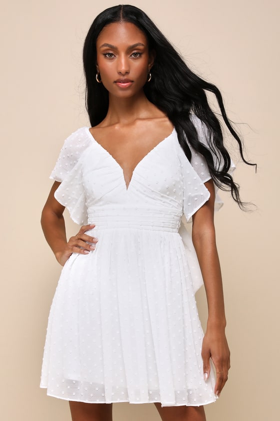 White Mini Skater Dress - Clip Dot Dress - Tie-Back Mini Dress - Lulus