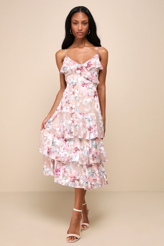 Tan Floral Burnout Dress - Ruffled Midi Dress - Surplice Dress - Lulus