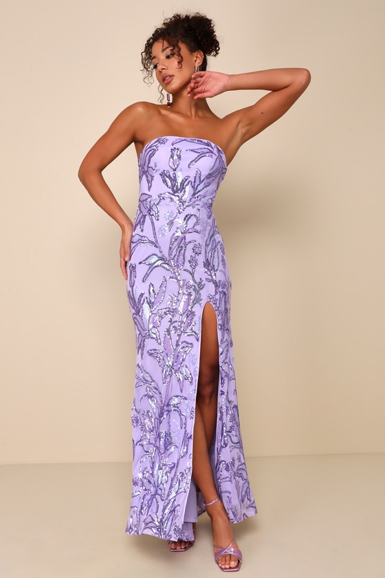 Lulus Shimmering Icon Lavender Sequin Lace-up Strapless Maxi Dress In Purple