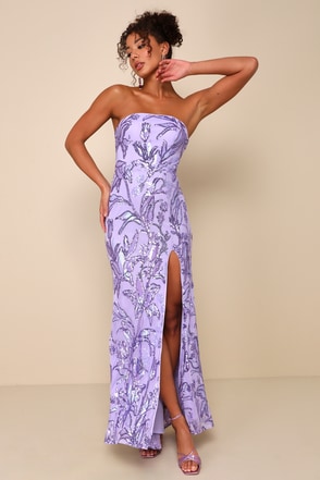 alnair lavender glitter maxi dress Shimmering Icon Lavender Sequin Lace-Up Strapless Maxi Dress