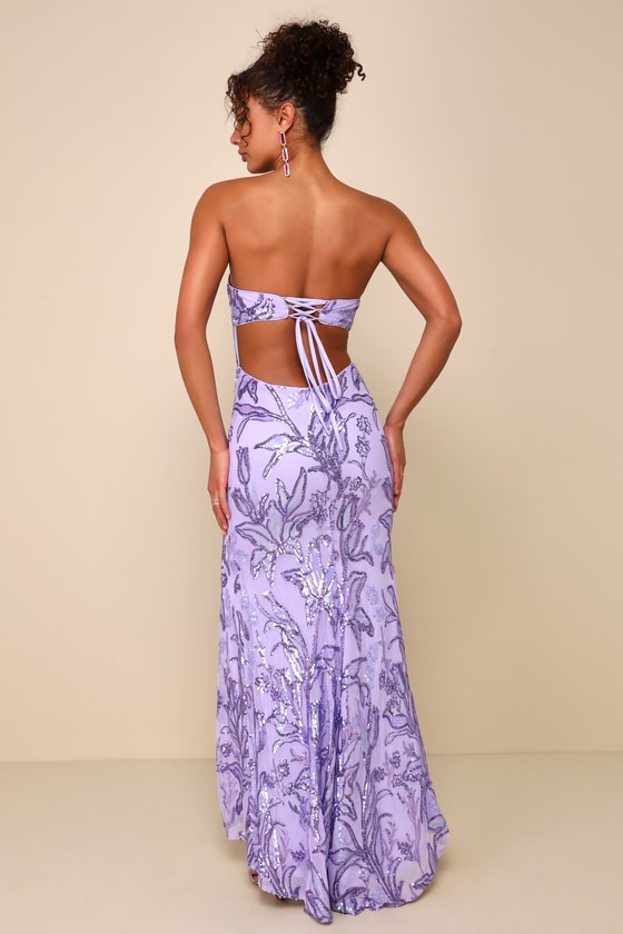 LULUS SHIMMERING ICON LAVENDER SEQUIN LACE-UP STRAPLESS MAXI DRESS