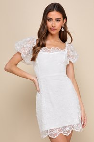 Lovely Direction White Floral Embroidered Puff Sleeve Mini Dress