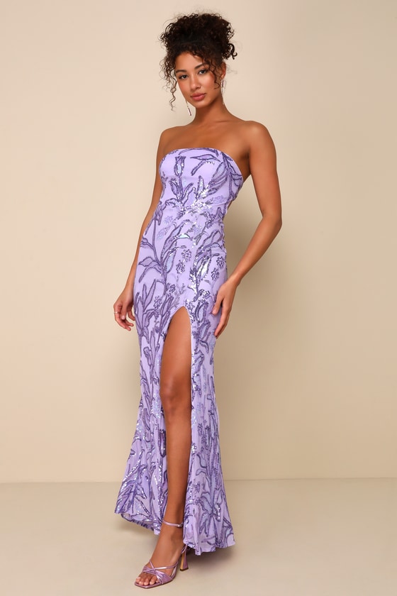 LULUS SHIMMERING ICON LAVENDER SEQUIN LACE-UP STRAPLESS MAXI DRESS