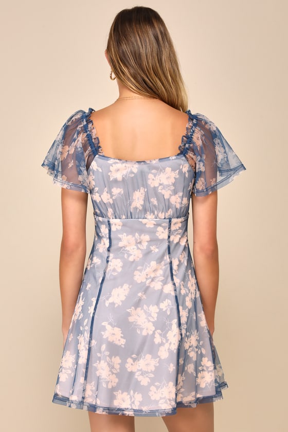 Shop Lulus Cute By Nature Blue And Blush Pink Floral Mesh Mini Dress