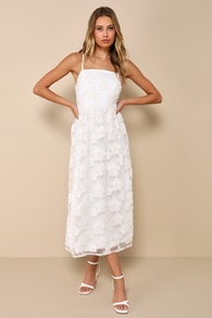 Delightful Charisma White Embroidered Sequin Mesh Midi Dress