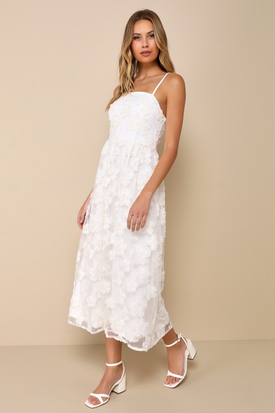 LULUS DELIGHTFUL CHARISMA WHITE EMBROIDERED SEQUIN MESH MIDI DRESS 