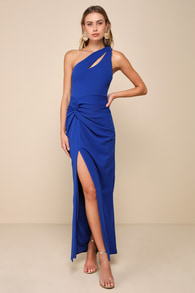Phenomenal Allure Blue One-Shoulder Knotted Maxi Dress