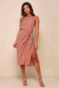 Amalfi Muse Rust Brown Striped Cutout Faux Wrap Midi Dress 1