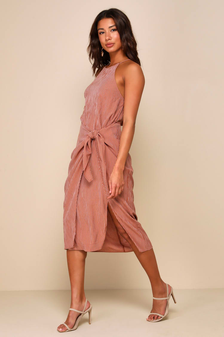 Amalfi Muse Rust Brown Striped Cutout Faux Wrap Midi Dress