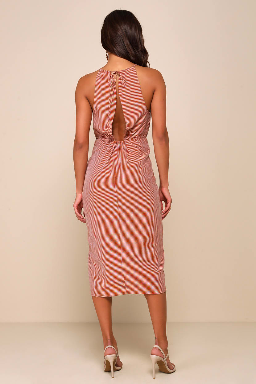 Rust Brown Striped Dress - Faux-Wrap Midi Dress - Cutout Dress - Lulus