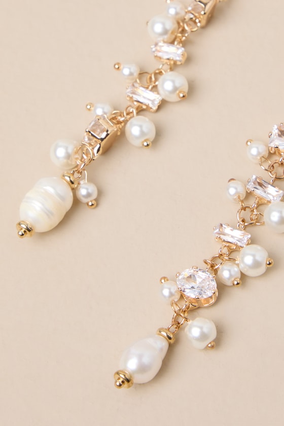 Decadent Approach Gold Pearl Rhinestone Drop Earrings - thumbnail 3