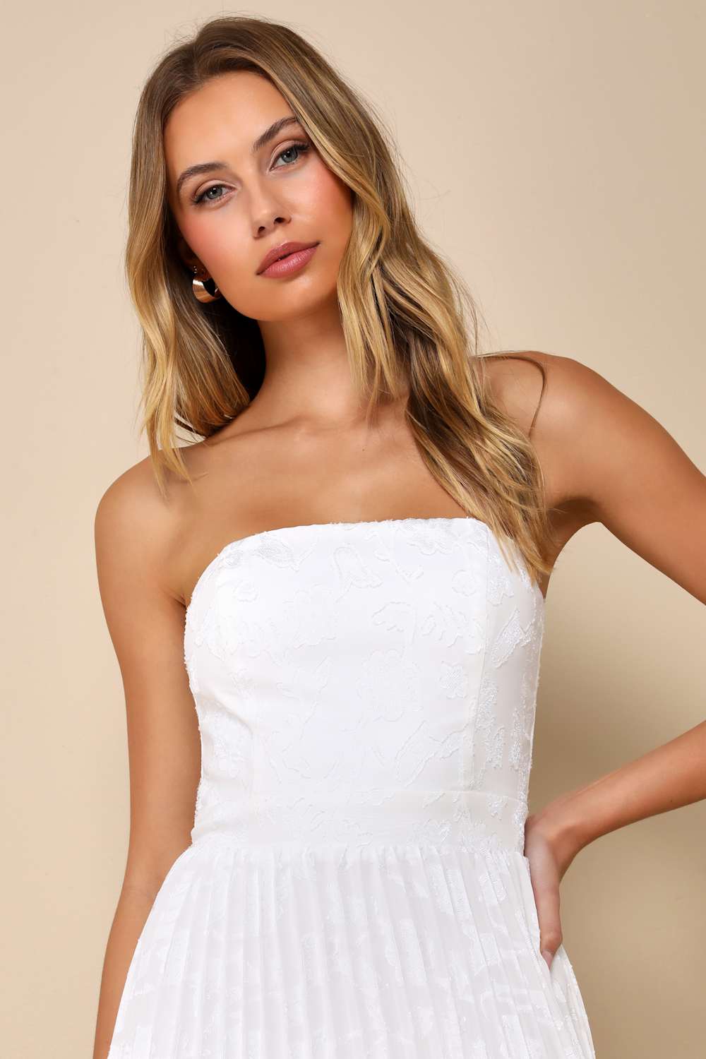Perfectly Stunning Ivory Jacquard Strapless Midi Dress