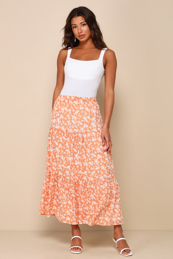 Lulus Perfect Disposition Orange Floral Print Tiered Maxi Skirt