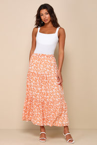 Perfect Disposition Orange Floral Print Tiered Maxi Skirt