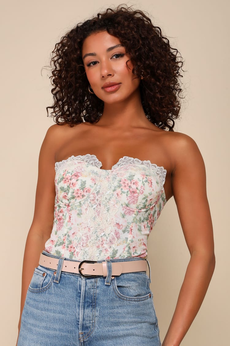 Cream Floral Bodysuit - Lace Strapless Bodysuit - Bustier Top - Lulus