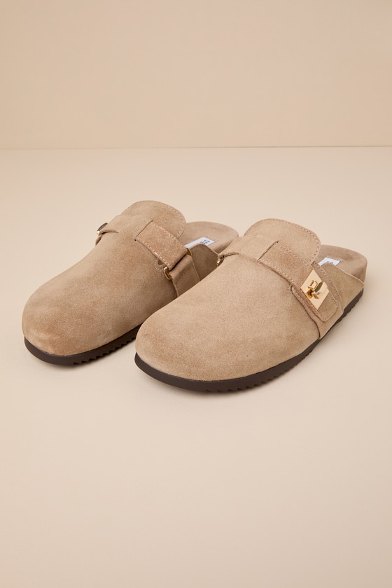 Money Taupe Suede Leather Buckle Flatform Slip-On Clogs 2