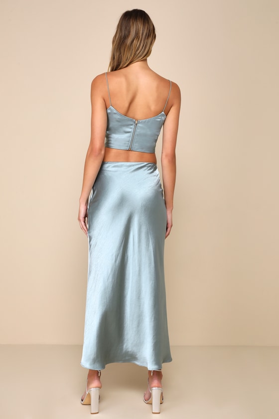 Shop Lulus Confidently Sleek Dusty Sage Satin Slip Two-piece Midi Dress