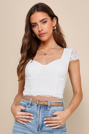 Flirtatious Attitude Ivory Lace Cropped Bustier Cap Sleeve Top