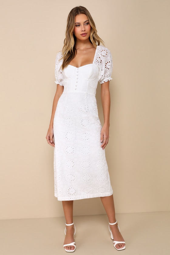 Lulus Darling Status White Eyelet Puff Sleeve Bustier Midi Dress