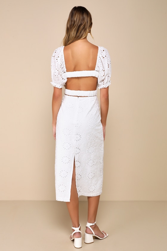Lulus Darling Status White Eyelet Puff Sleeve Bustier Midi Dress In White