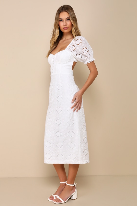 Lulus Darling Status White Eyelet Puff Sleeve Bustier Midi Dress In White