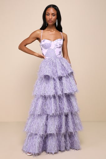 Chic Extravagance Lavender Jacquard Lurex Tiered Maxi Dress