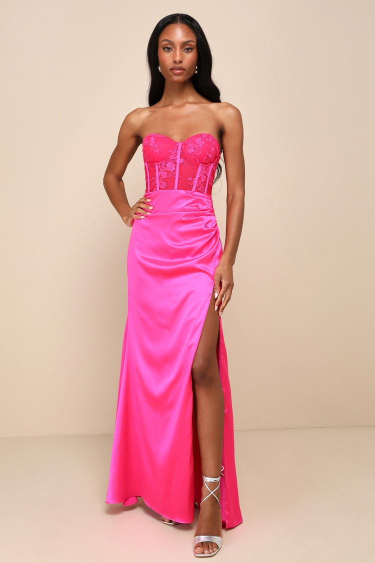 Hot Pink Lace Dress Hot Pink Satin Dress Bustier Maxi Dress