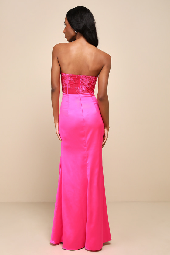 Prominent Glamour Hot Pink Embroidered Strapless Maxi Dress 7