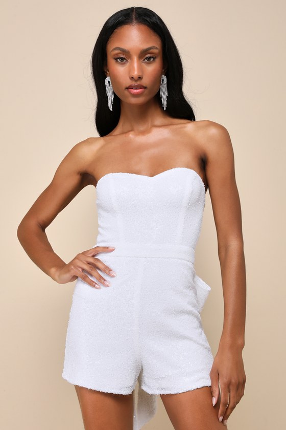 White Sequin Romper - Strapless Romper - Oversized Bow Romper - Lulus