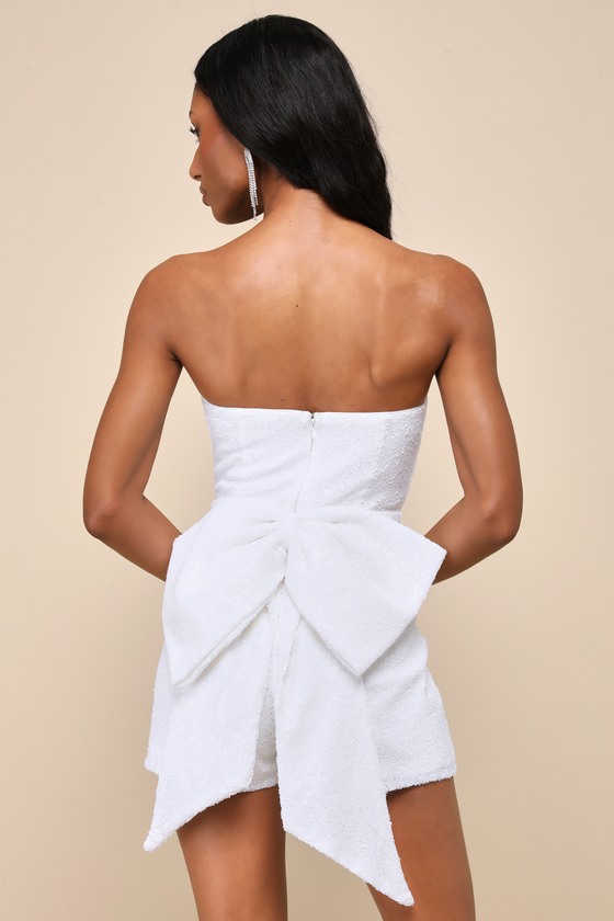 Dazzling Muse White Sequin Bow Strapless Romper 6