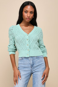 Cozy Clarity Mint Green Pointelle Knit Cropped Cardigan Sweater
