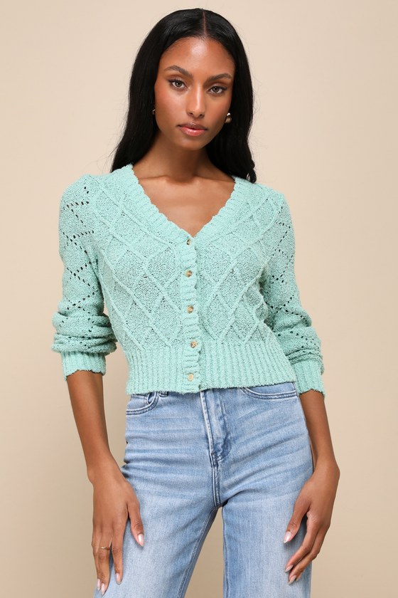 Cozy Clarity Mint Green Pointelle Knit Cropped Cardigan Sweater 1