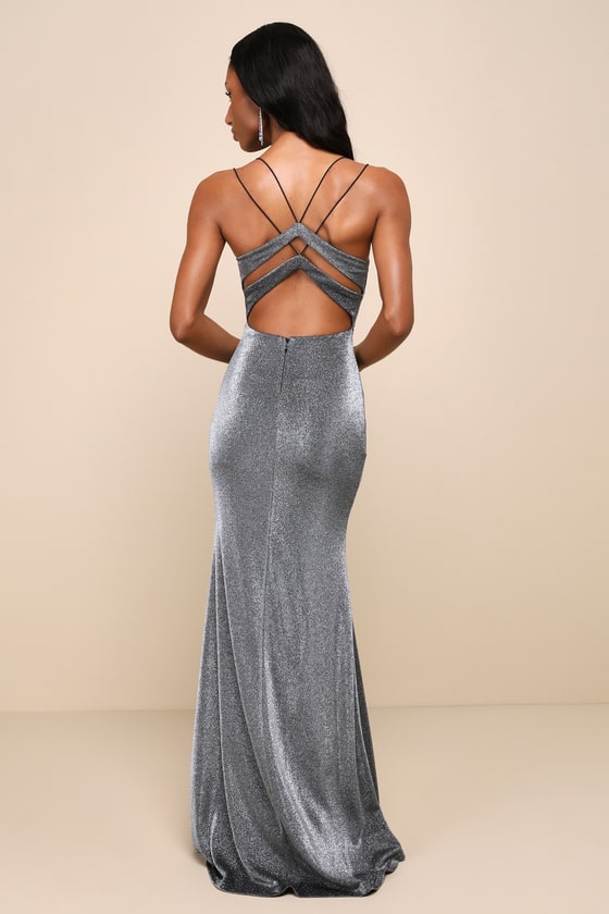 Toasting the Evening Shiny Silver and Black Backless Maxi Dress 9