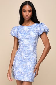 Exceptional Icon Blue Floral Jacquard Puff Sleeve Mini Dress