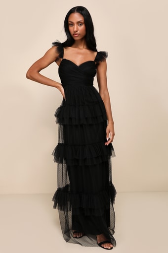 Pure Radiance Black Mesh Swiss Dot Backless Tiered Maxi Dress 1