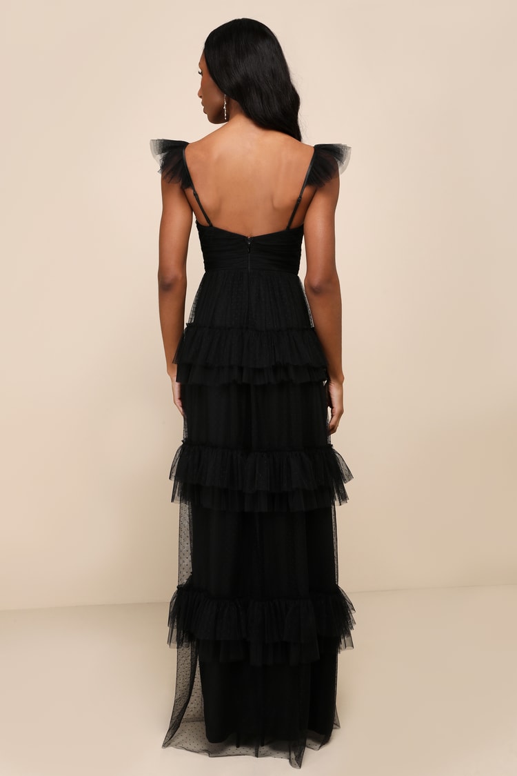 Pure Radiance Black Mesh Swiss Dot Backless Tiered Maxi Dress