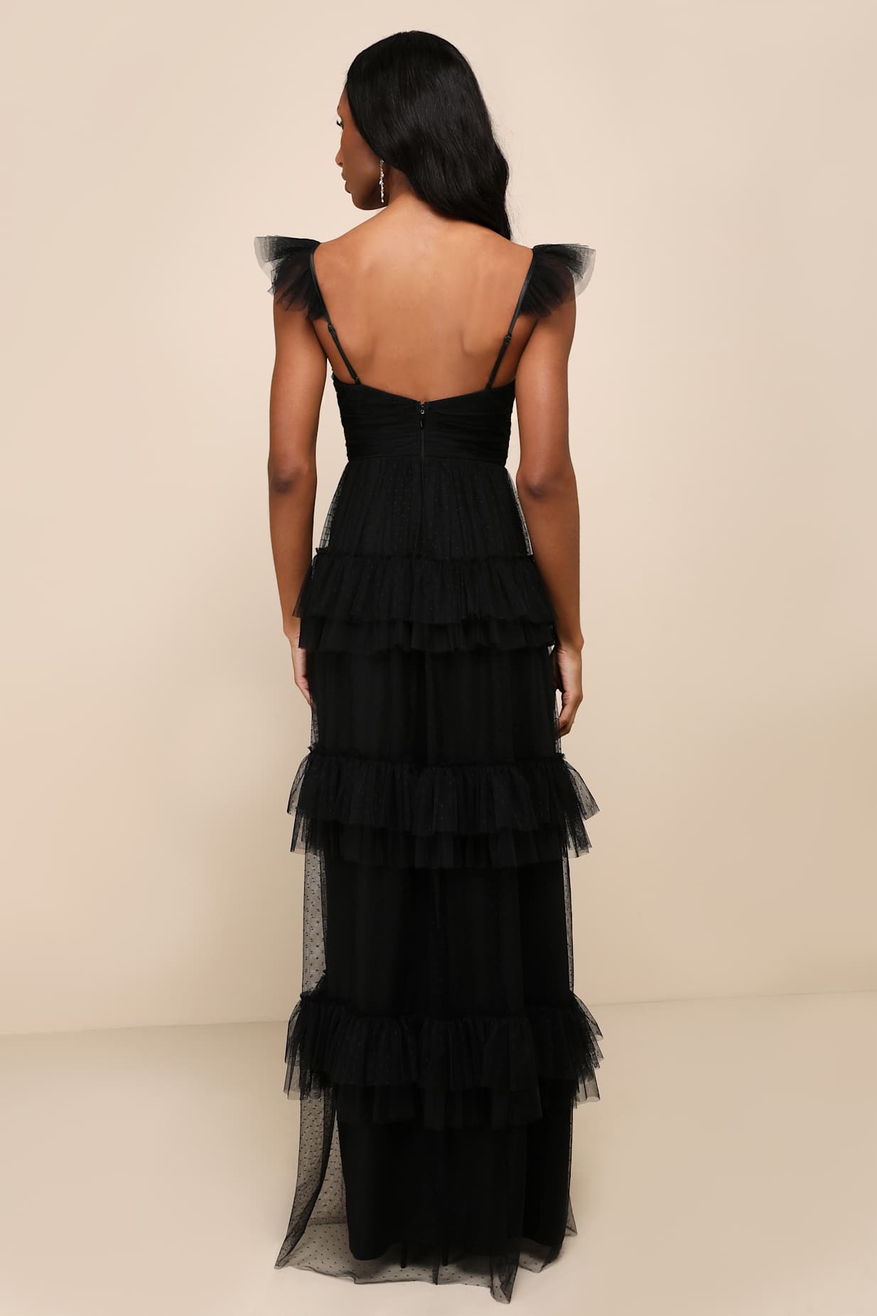 Pure Radiance Black Mesh Swiss Dot Backless Tiered Maxi Dress
