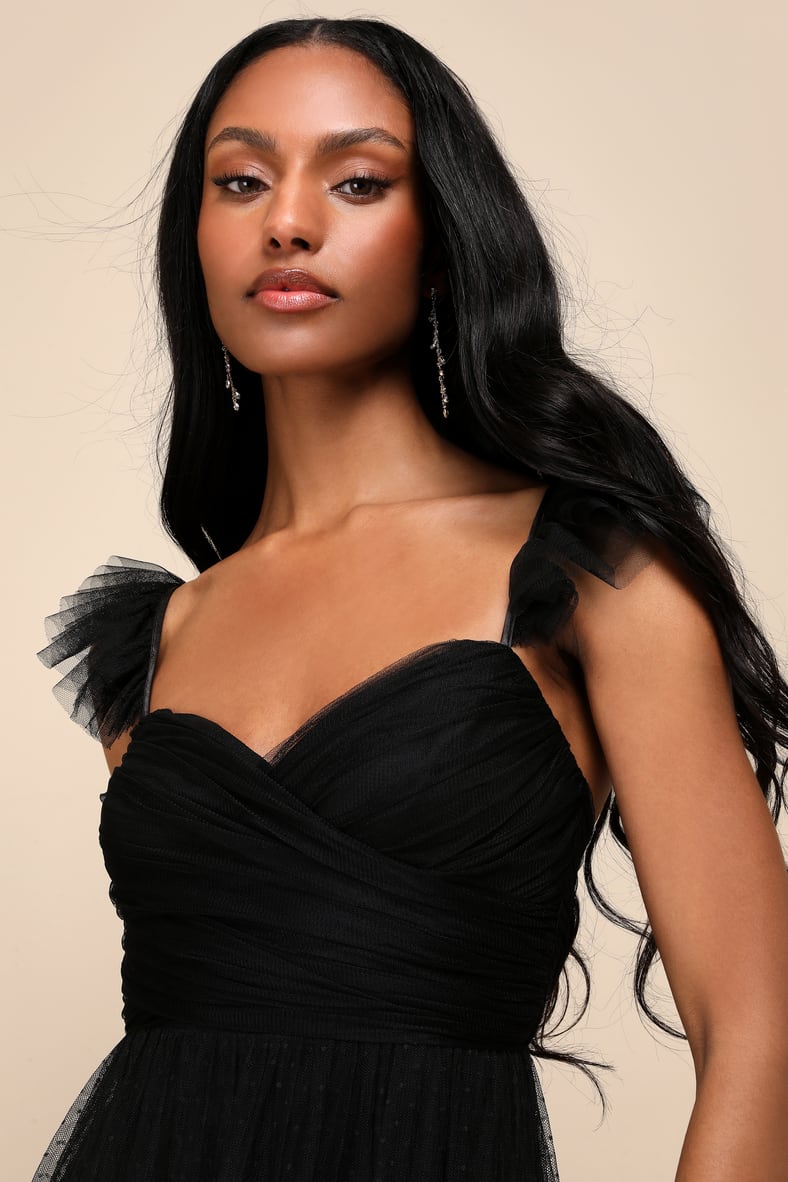 Pure Radiance Black Mesh Swiss Dot Backless Tiered Maxi Dress
