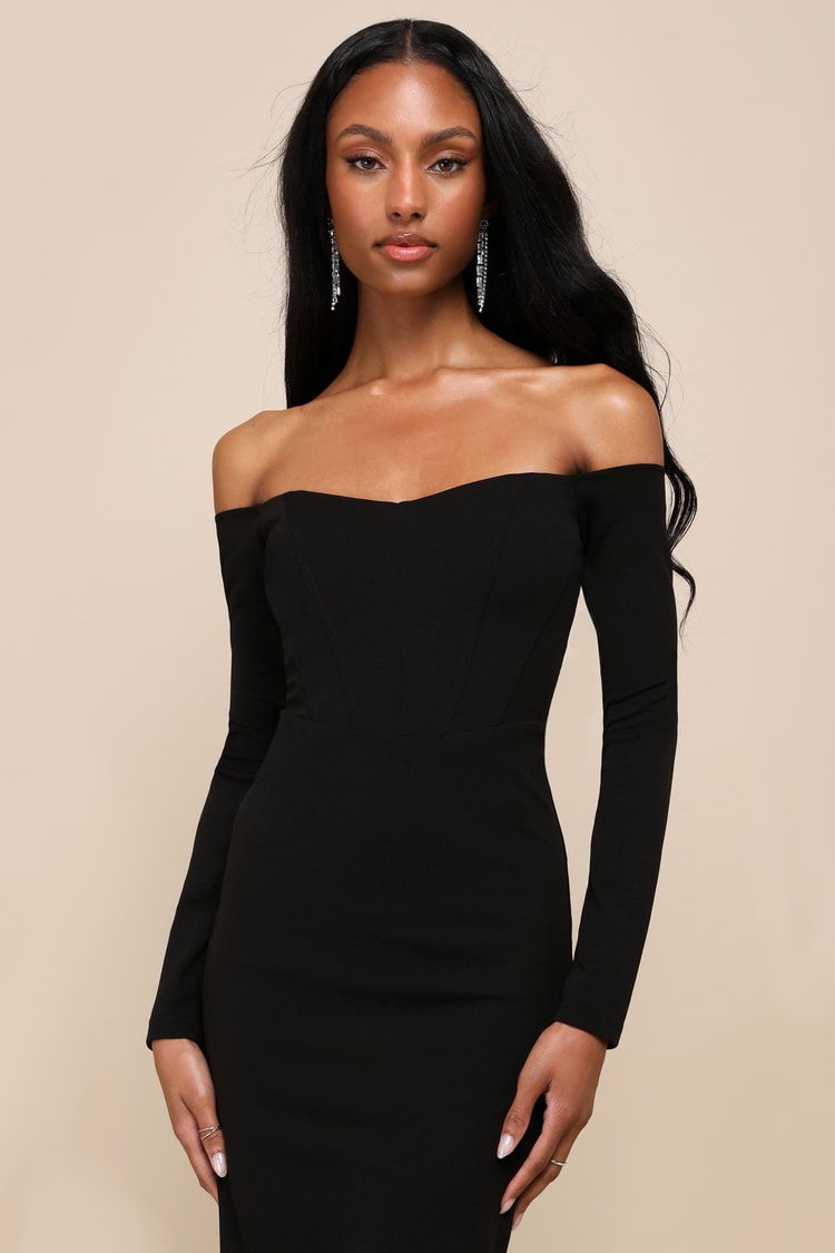 Black Midi Dress - Off-The-Shoulder Dress - Bustier Bodycon Dress